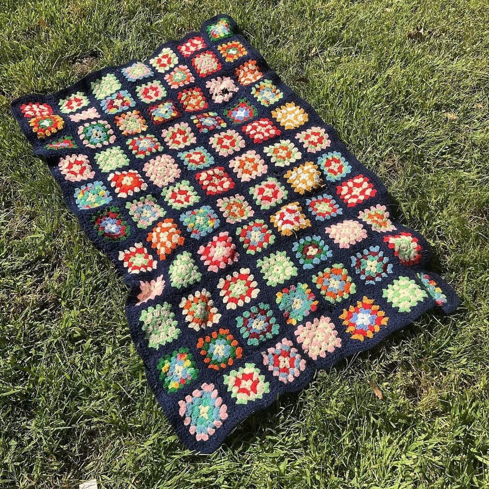 Vintage Afghan Multi-colored Square Granny Square 70s Cutter Boho 36x50